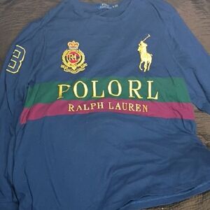 Ralph Lauren Blue Long Sleeve Tee with Multicolor Stripes